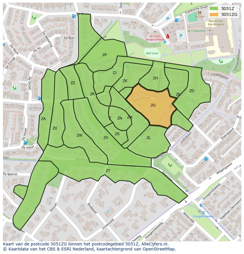 Afbeelding van het postcodegebied 5051 ZG op de kaart.
