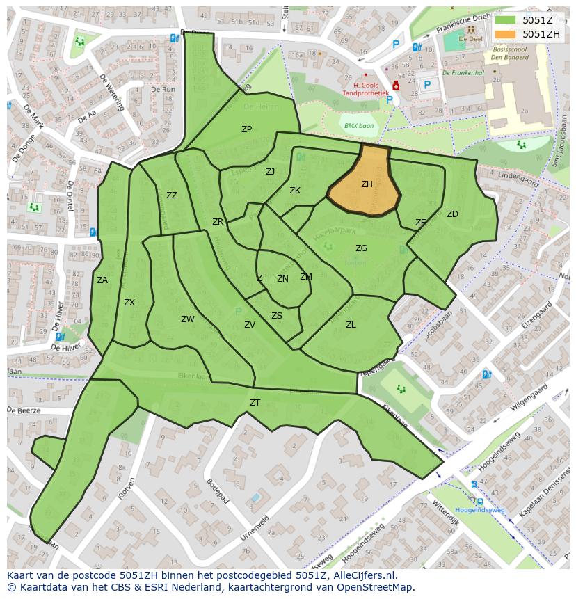 Afbeelding van het postcodegebied 5051 ZH op de kaart.