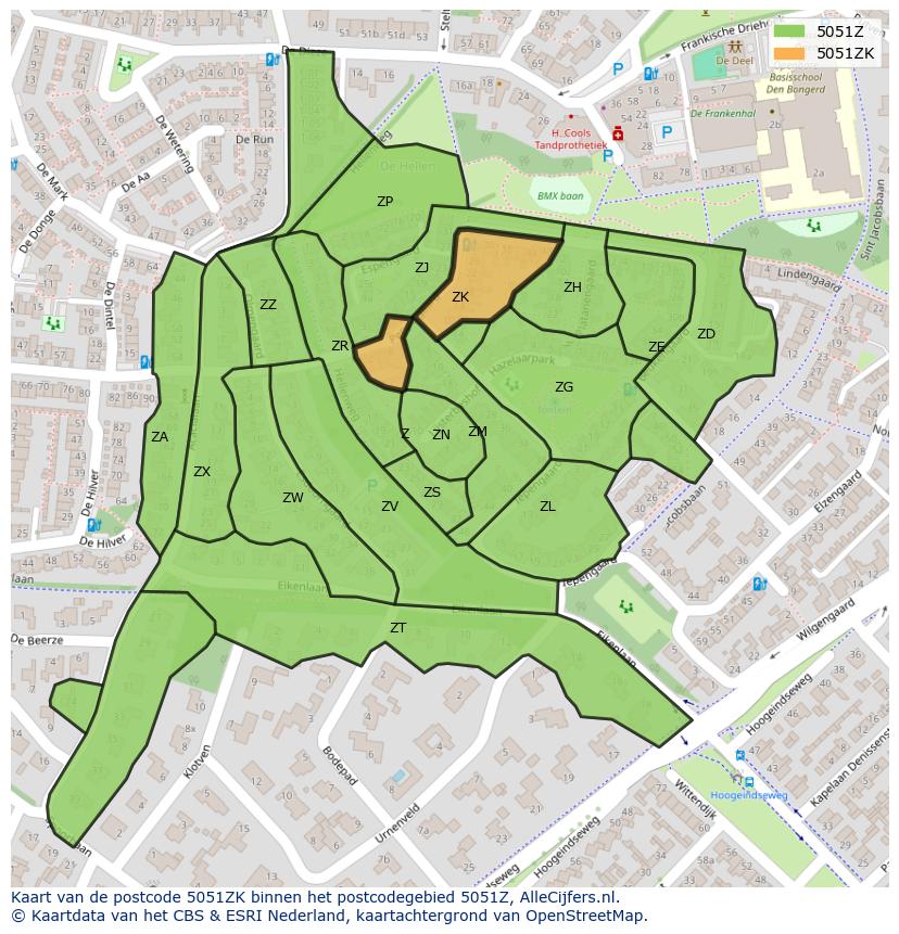 Afbeelding van het postcodegebied 5051 ZK op de kaart.