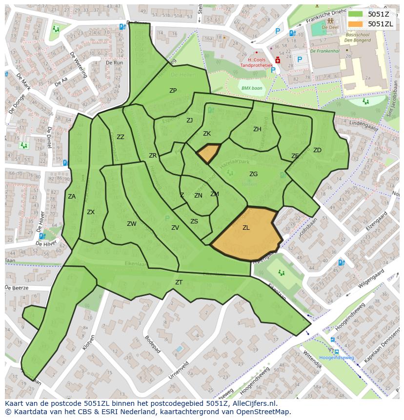 Afbeelding van het postcodegebied 5051 ZL op de kaart.