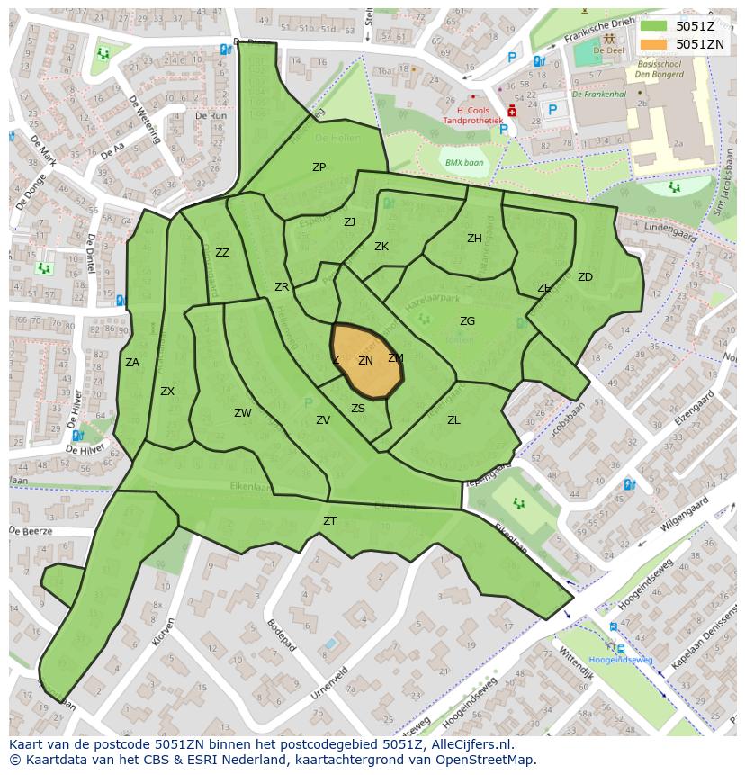 Afbeelding van het postcodegebied 5051 ZN op de kaart.