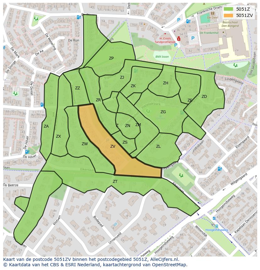 Afbeelding van het postcodegebied 5051 ZV op de kaart.