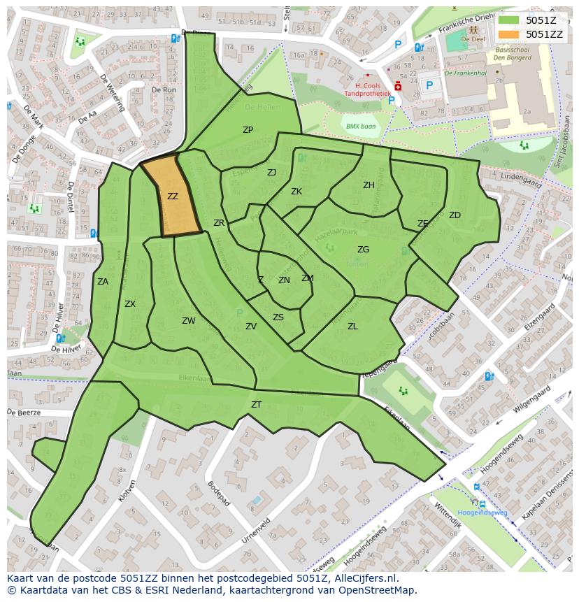 Afbeelding van het postcodegebied 5051 ZZ op de kaart.