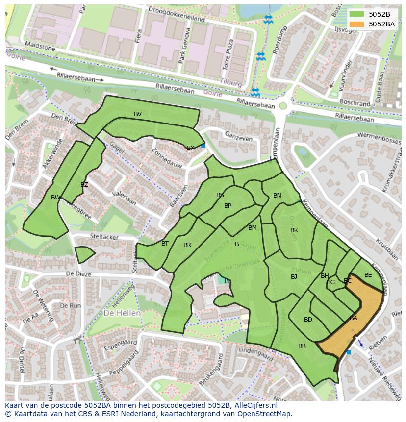 Afbeelding van het postcodegebied 5052 BA op de kaart.