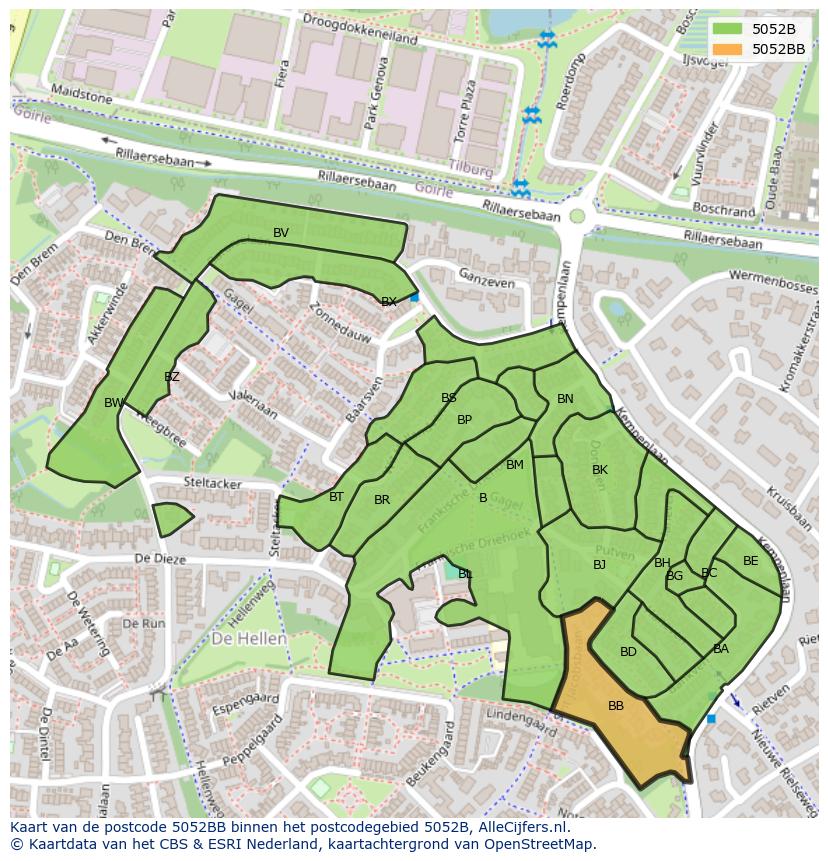 Afbeelding van het postcodegebied 5052 BB op de kaart.