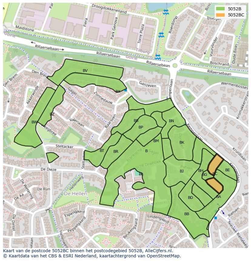 Afbeelding van het postcodegebied 5052 BC op de kaart.