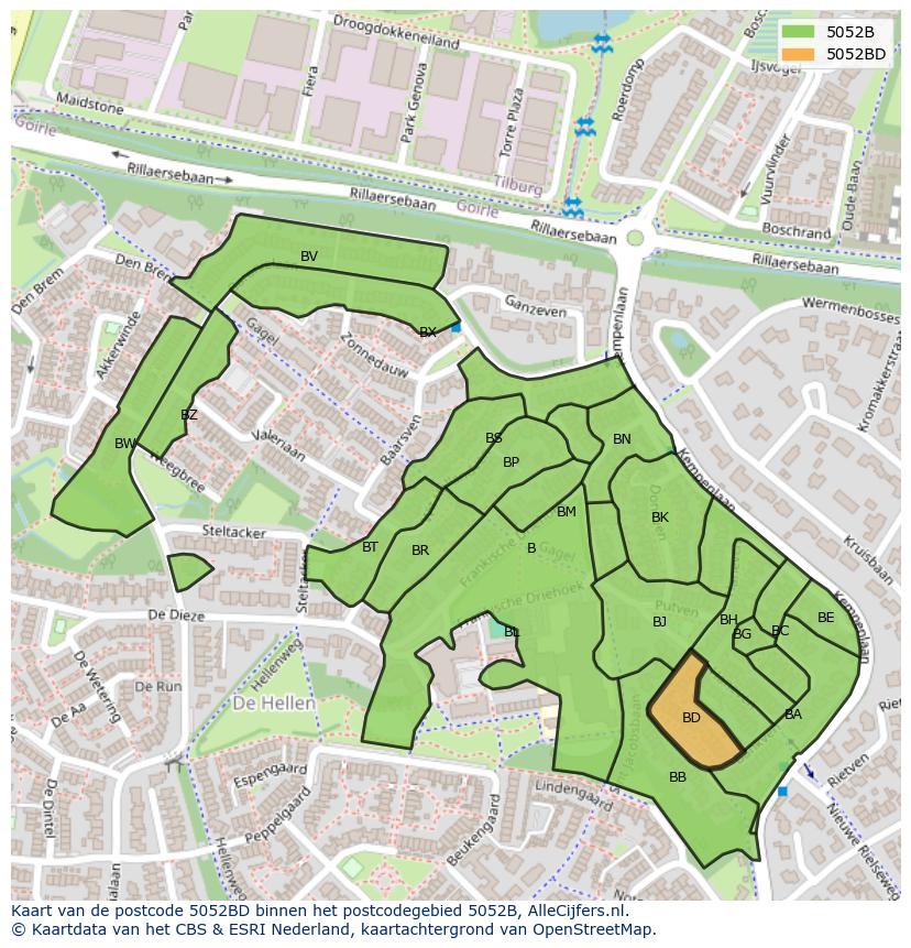 Afbeelding van het postcodegebied 5052 BD op de kaart.
