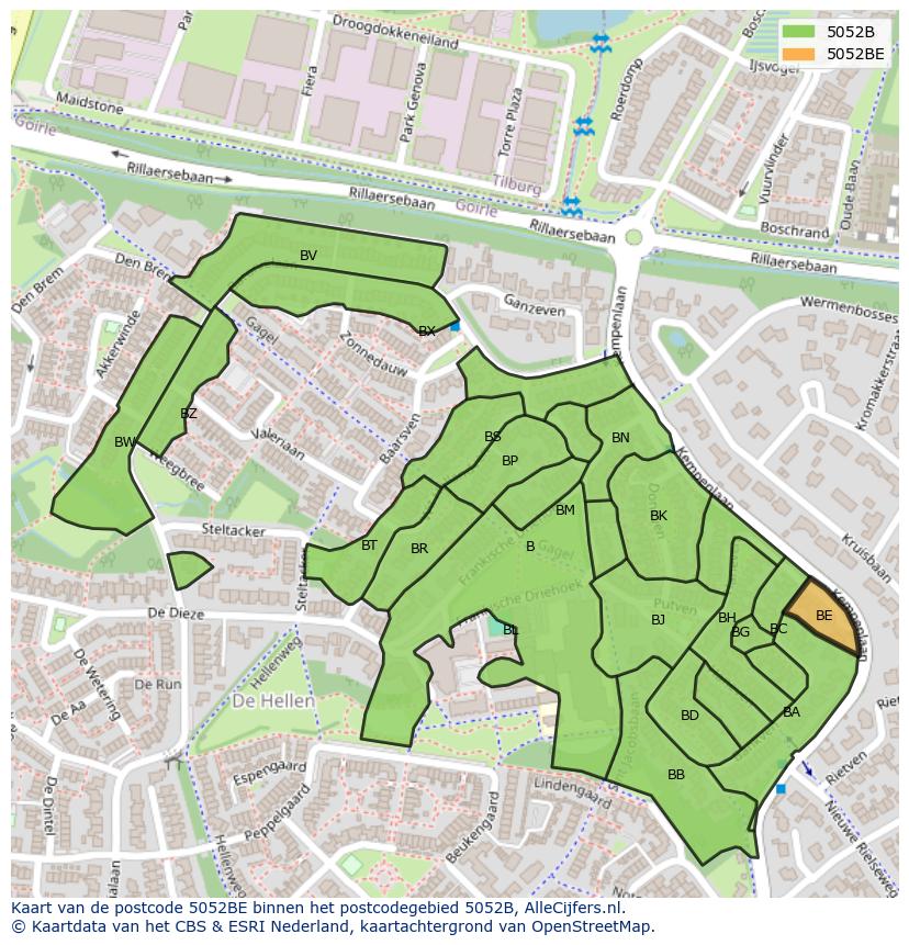 Afbeelding van het postcodegebied 5052 BE op de kaart.