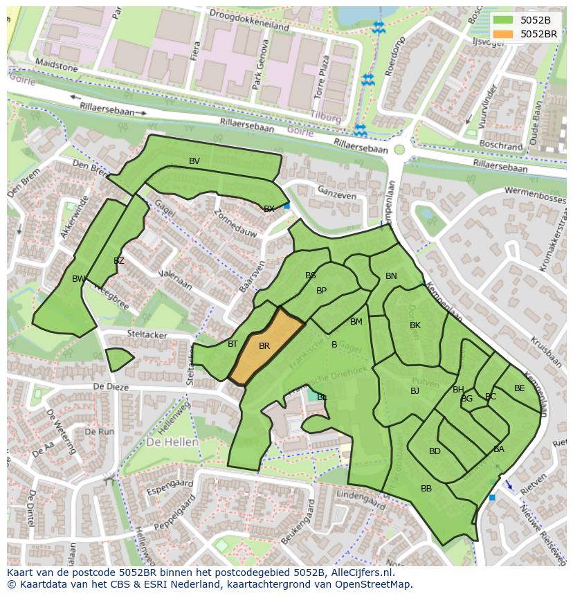 Afbeelding van het postcodegebied 5052 BR op de kaart.