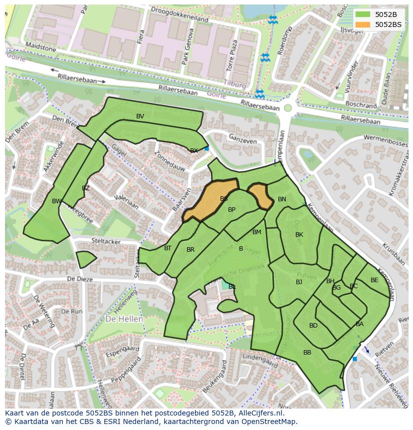 Afbeelding van het postcodegebied 5052 BS op de kaart.