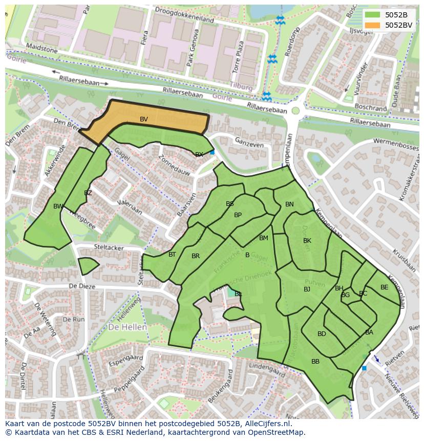 Afbeelding van het postcodegebied 5052 BV op de kaart.