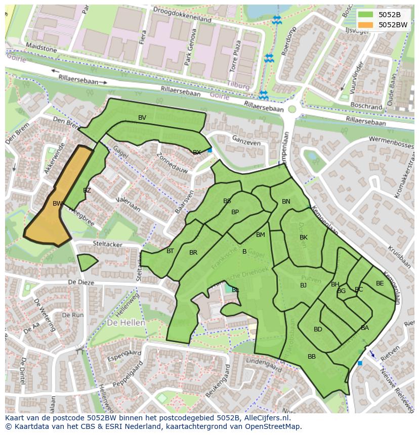 Afbeelding van het postcodegebied 5052 BW op de kaart.