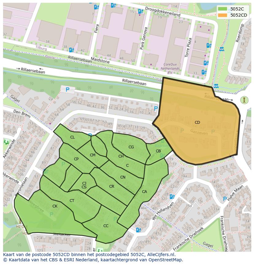 Afbeelding van het postcodegebied 5052 CD op de kaart.
