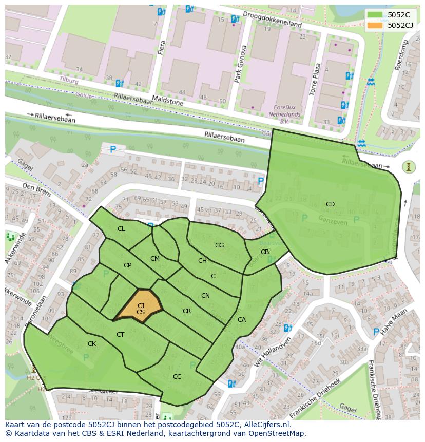 Afbeelding van het postcodegebied 5052 CJ op de kaart.