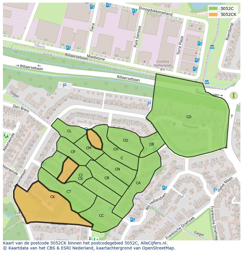 Afbeelding van het postcodegebied 5052 CK op de kaart.