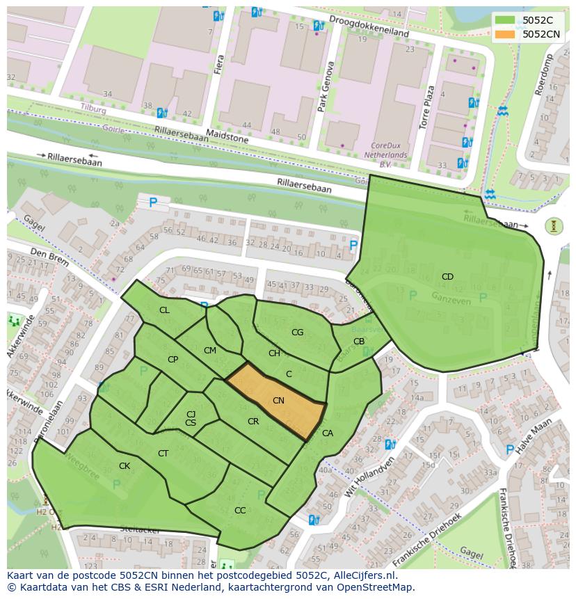 Afbeelding van het postcodegebied 5052 CN op de kaart.
