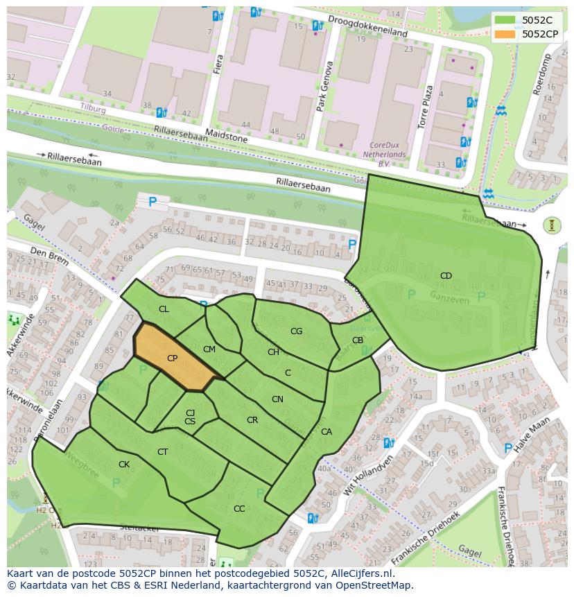 Afbeelding van het postcodegebied 5052 CP op de kaart.