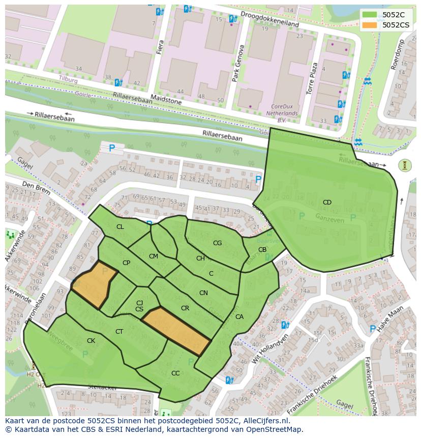 Afbeelding van het postcodegebied 5052 CS op de kaart.