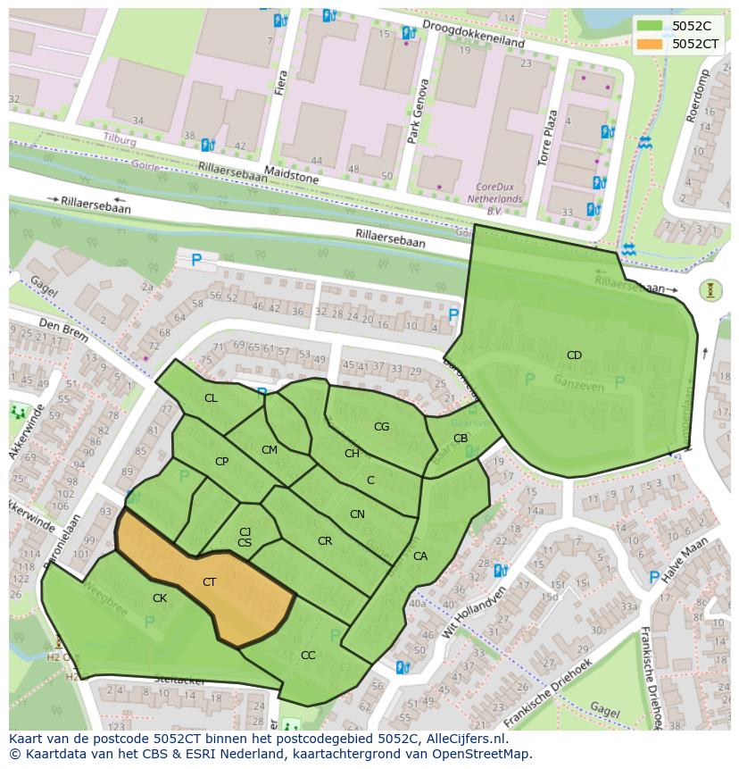 Afbeelding van het postcodegebied 5052 CT op de kaart.