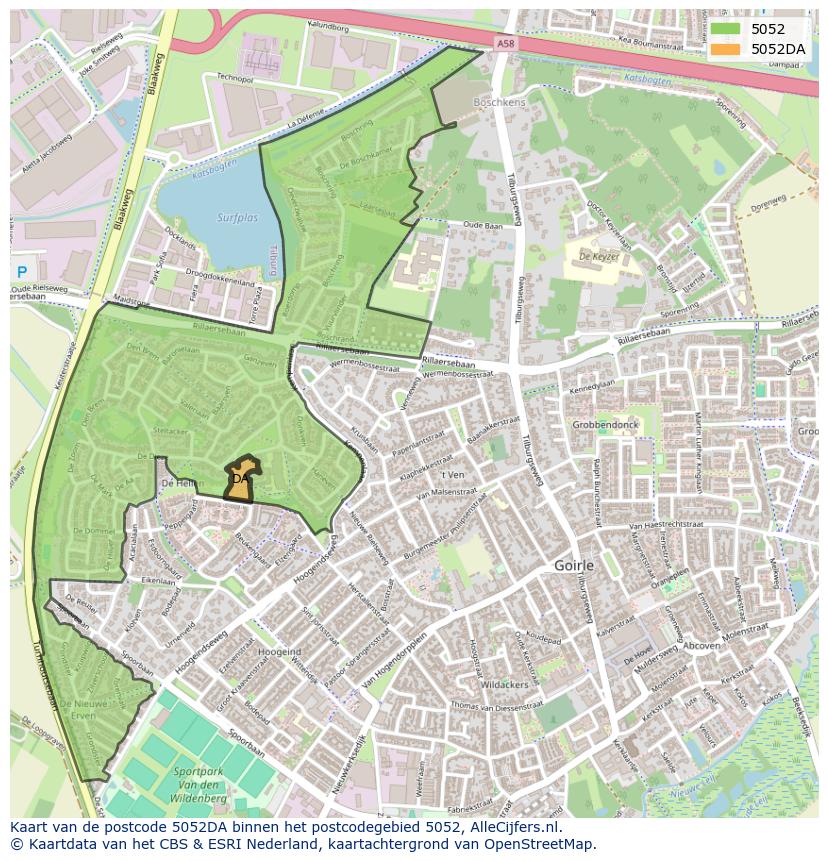 Afbeelding van het postcodegebied 5052 DA op de kaart.