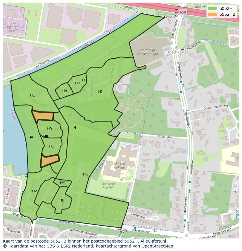 Afbeelding van het postcodegebied 5052 HB op de kaart.