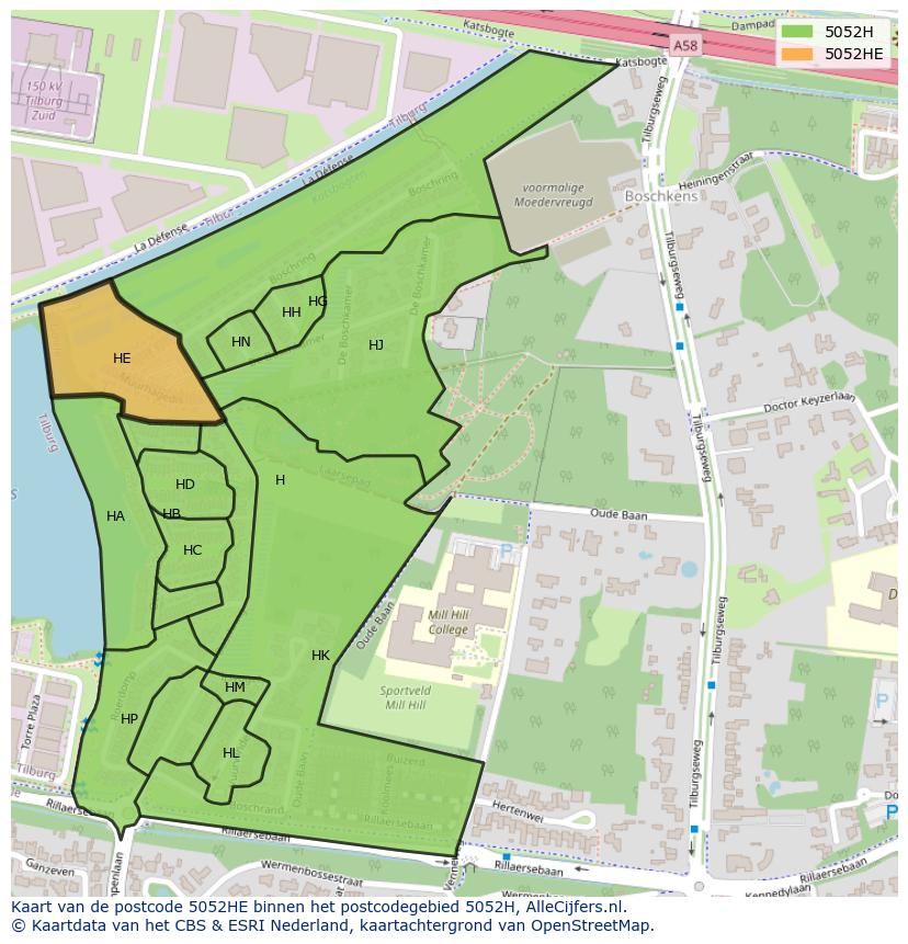 Afbeelding van het postcodegebied 5052 HE op de kaart.