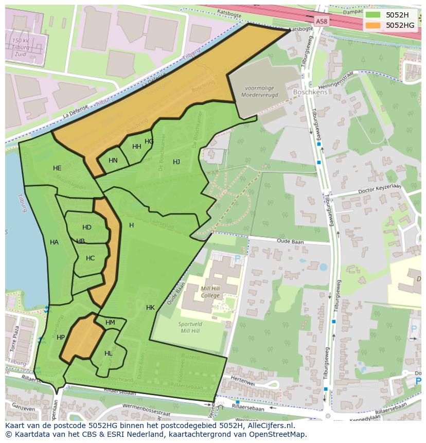 Afbeelding van het postcodegebied 5052 HG op de kaart.