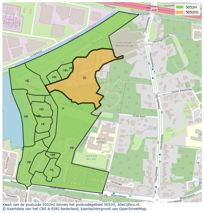 Afbeelding van het postcodegebied 5052 HJ op de kaart.