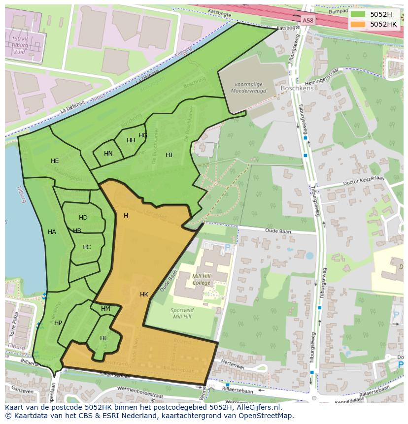 Afbeelding van het postcodegebied 5052 HK op de kaart.