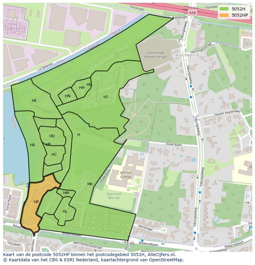 Afbeelding van het postcodegebied 5052 HP op de kaart.