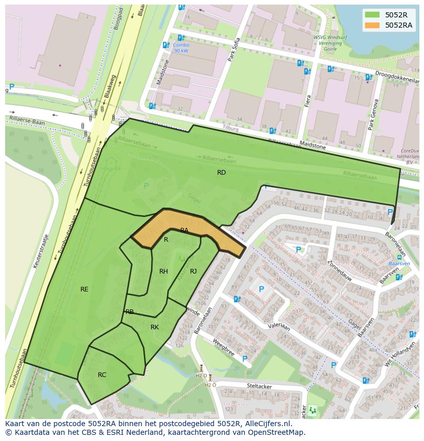 Afbeelding van het postcodegebied 5052 RA op de kaart.
