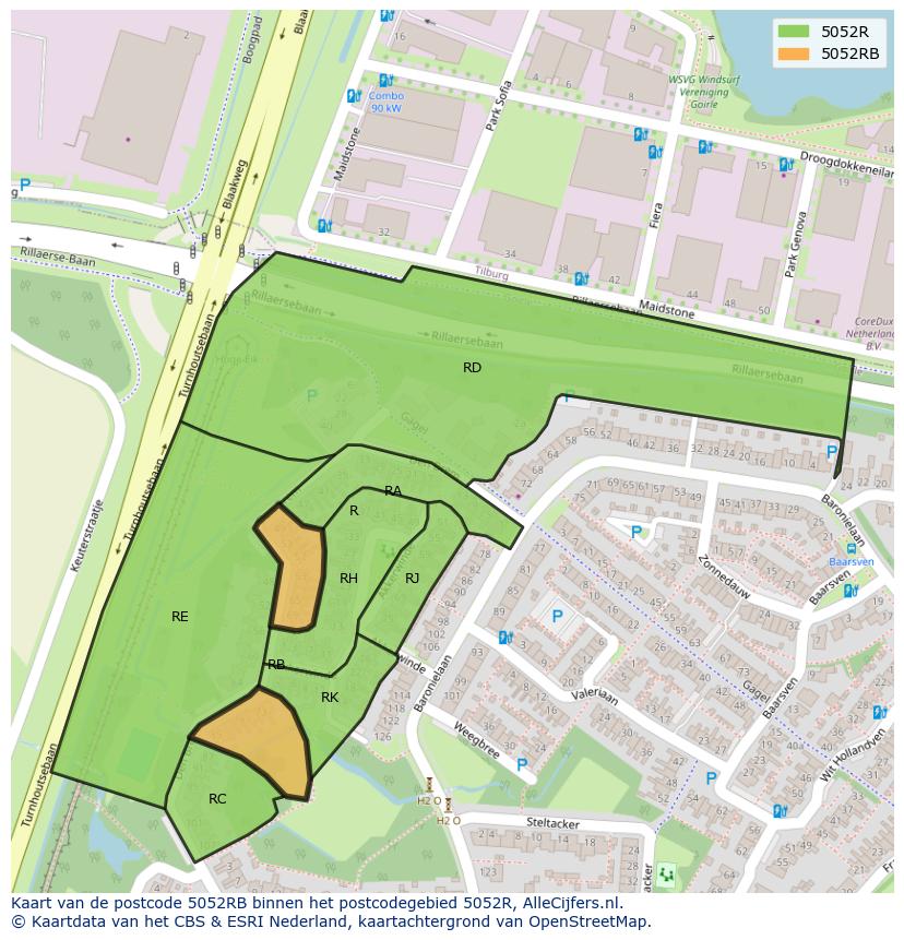 Afbeelding van het postcodegebied 5052 RB op de kaart.