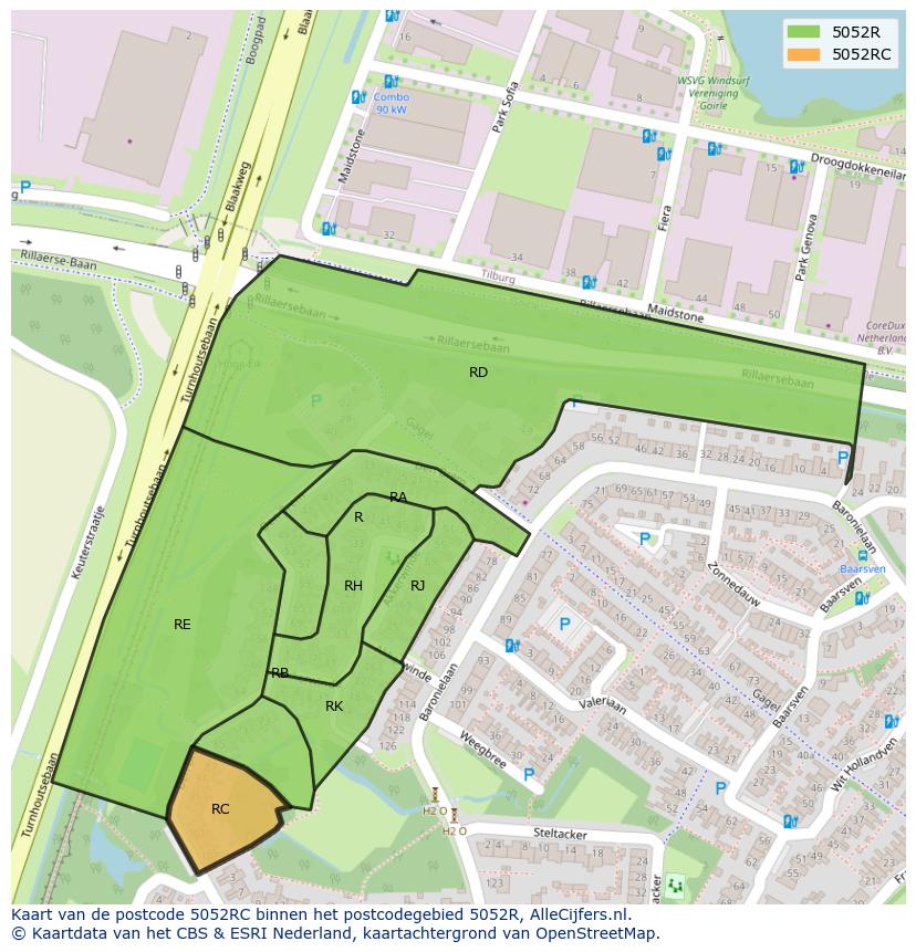 Afbeelding van het postcodegebied 5052 RC op de kaart.