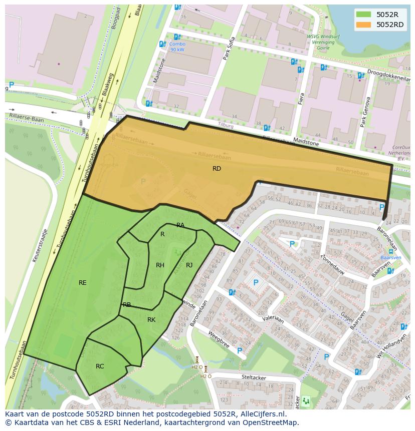 Afbeelding van het postcodegebied 5052 RD op de kaart.