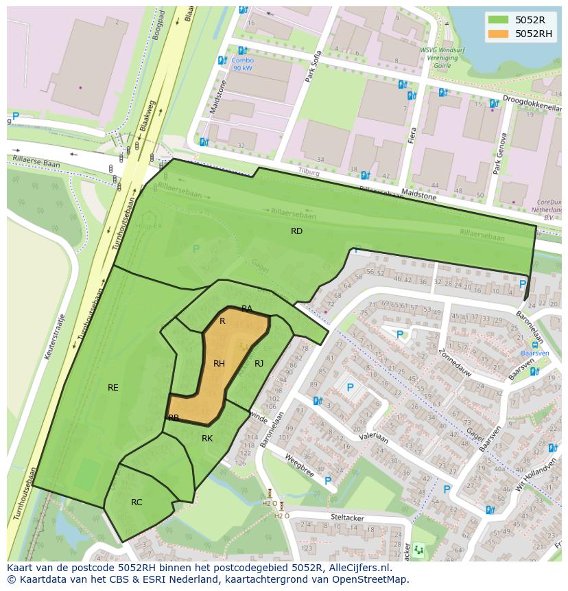 Afbeelding van het postcodegebied 5052 RH op de kaart.