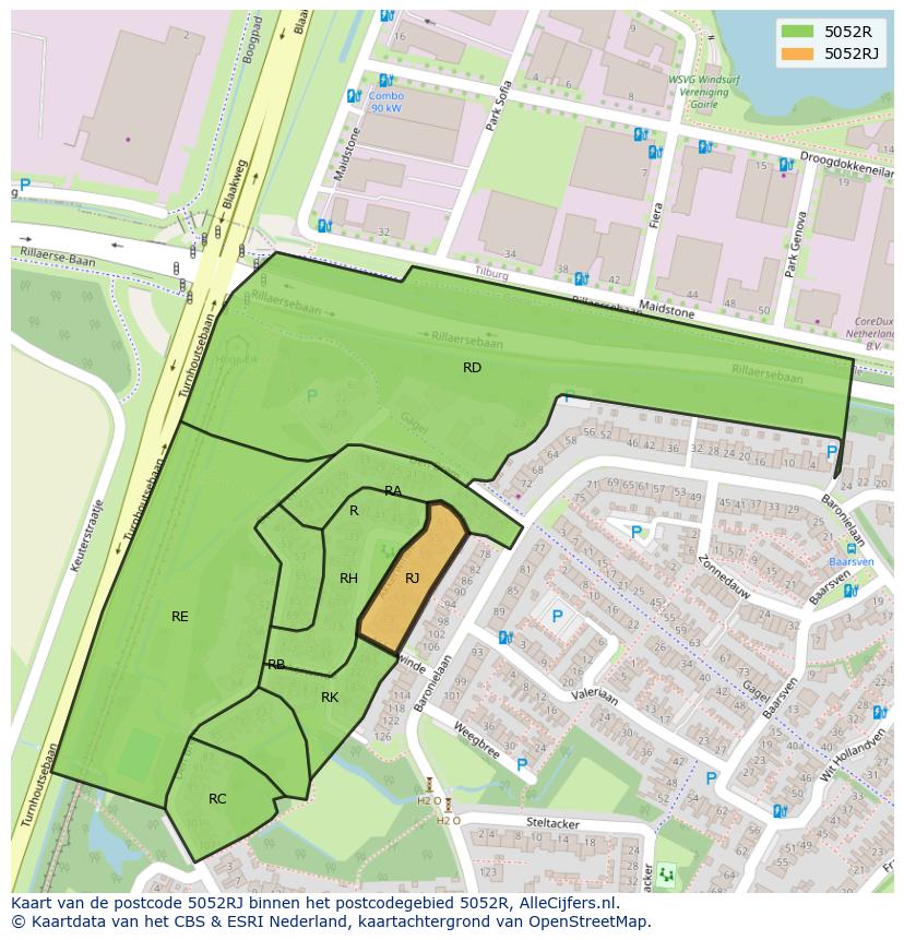 Afbeelding van het postcodegebied 5052 RJ op de kaart.