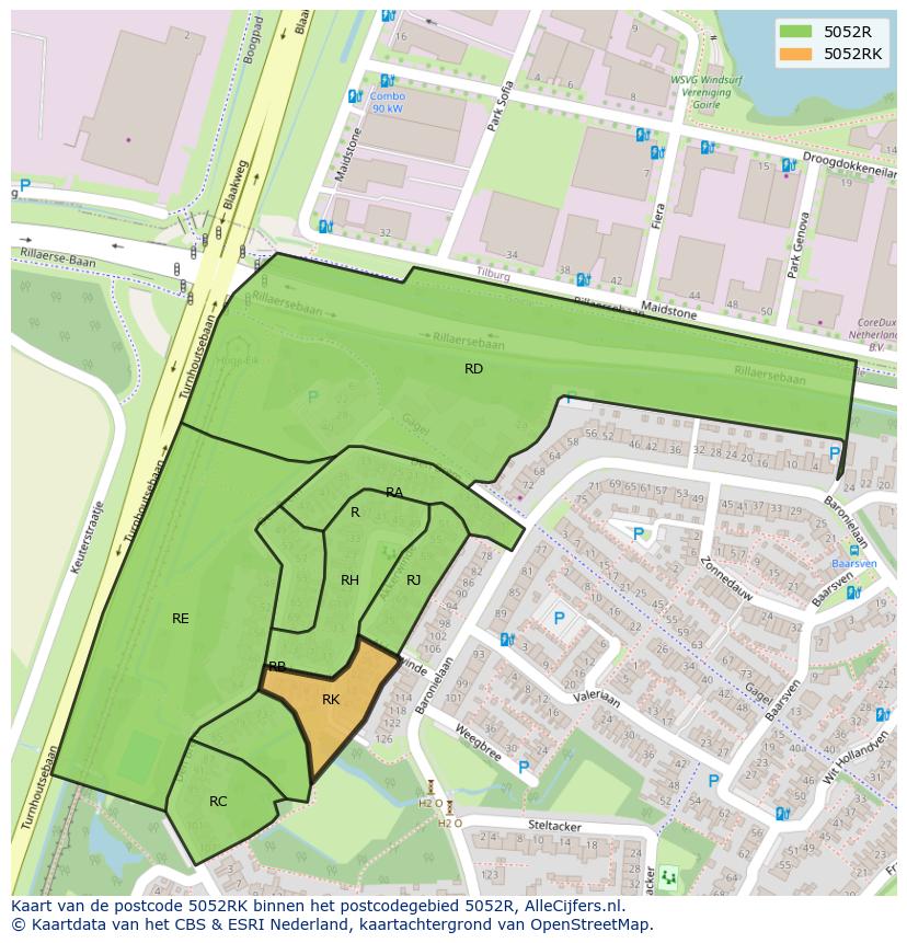 Afbeelding van het postcodegebied 5052 RK op de kaart.
