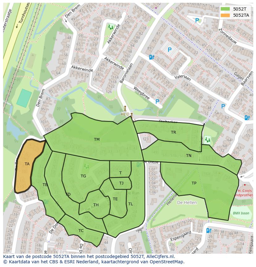 Afbeelding van het postcodegebied 5052 TA op de kaart.