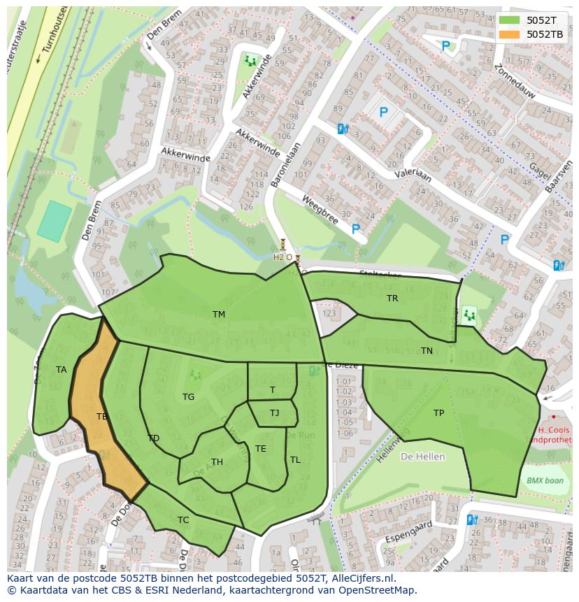 Afbeelding van het postcodegebied 5052 TB op de kaart.