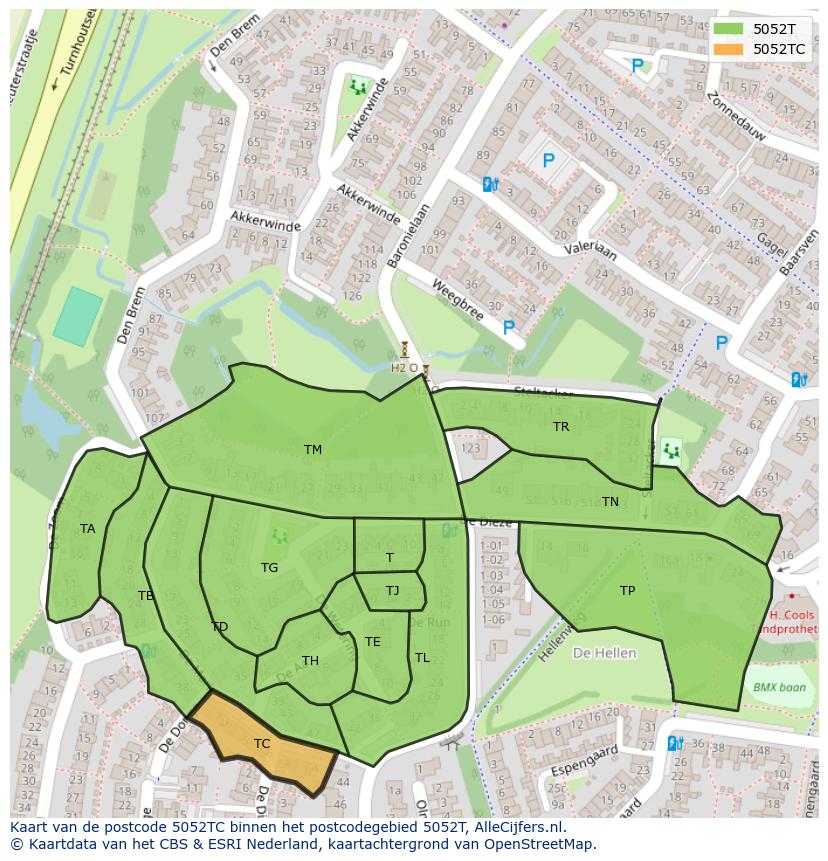 Afbeelding van het postcodegebied 5052 TC op de kaart.