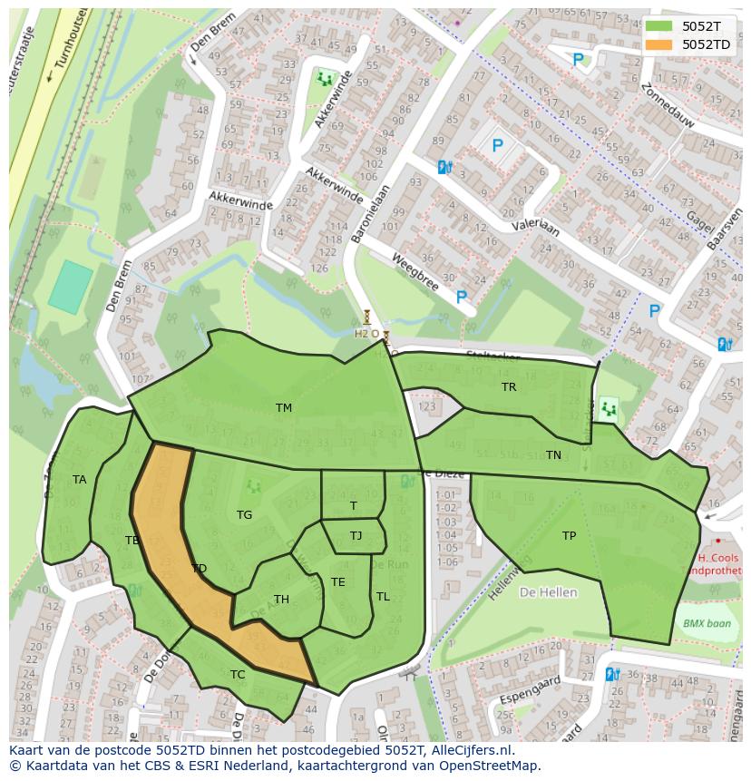 Afbeelding van het postcodegebied 5052 TD op de kaart.