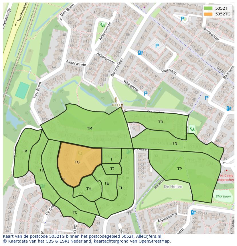 Afbeelding van het postcodegebied 5052 TG op de kaart.