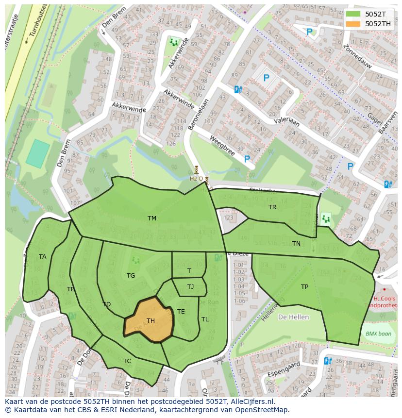 Afbeelding van het postcodegebied 5052 TH op de kaart.