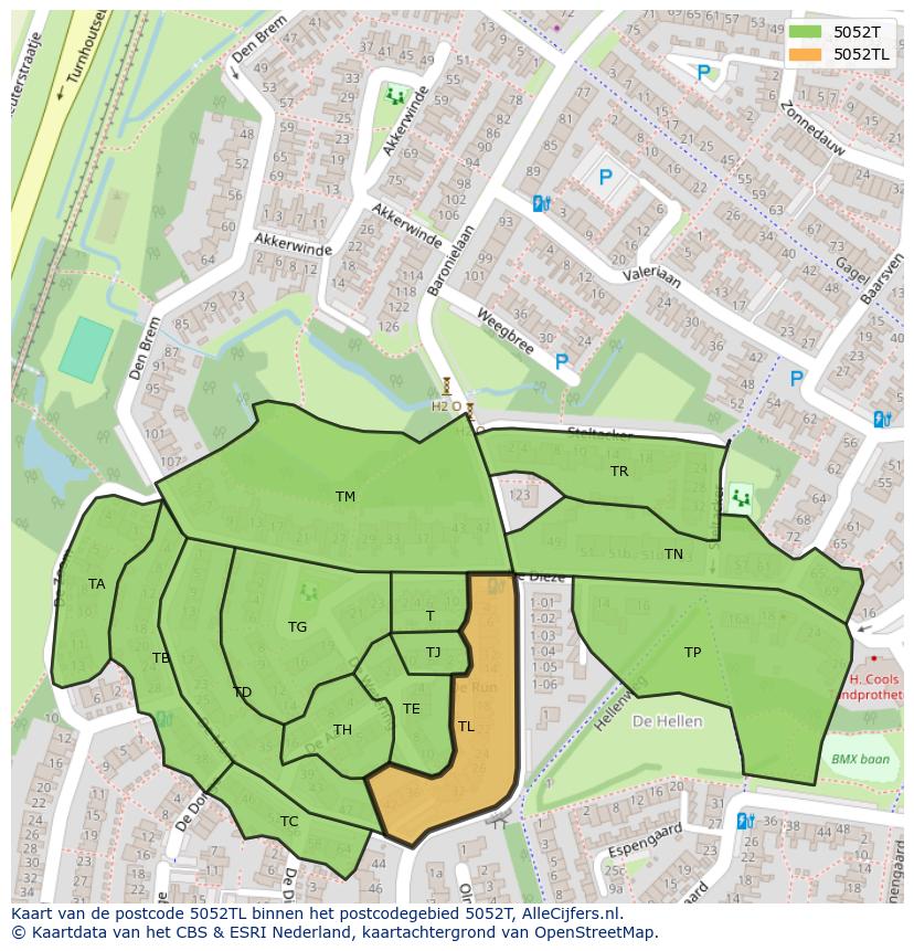 Afbeelding van het postcodegebied 5052 TL op de kaart.