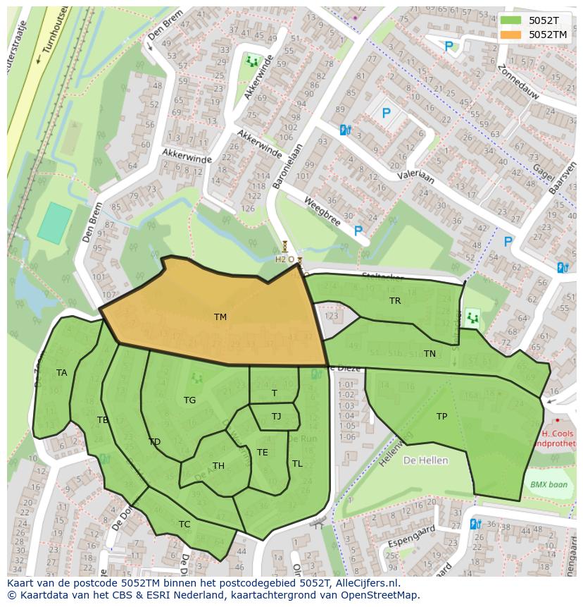 Afbeelding van het postcodegebied 5052 TM op de kaart.