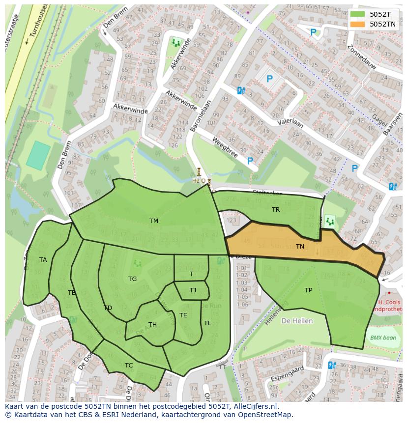 Afbeelding van het postcodegebied 5052 TN op de kaart.