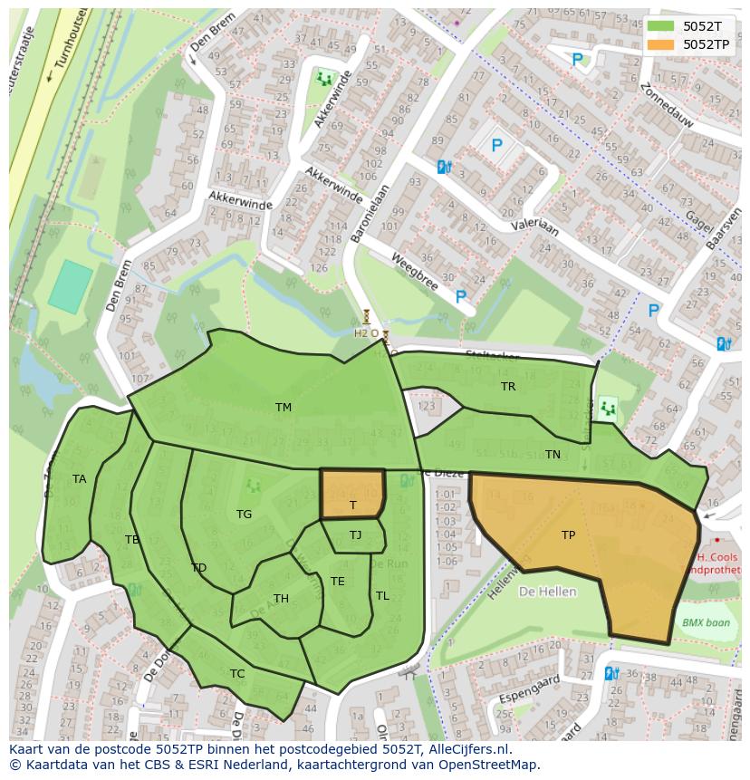 Afbeelding van het postcodegebied 5052 TP op de kaart.