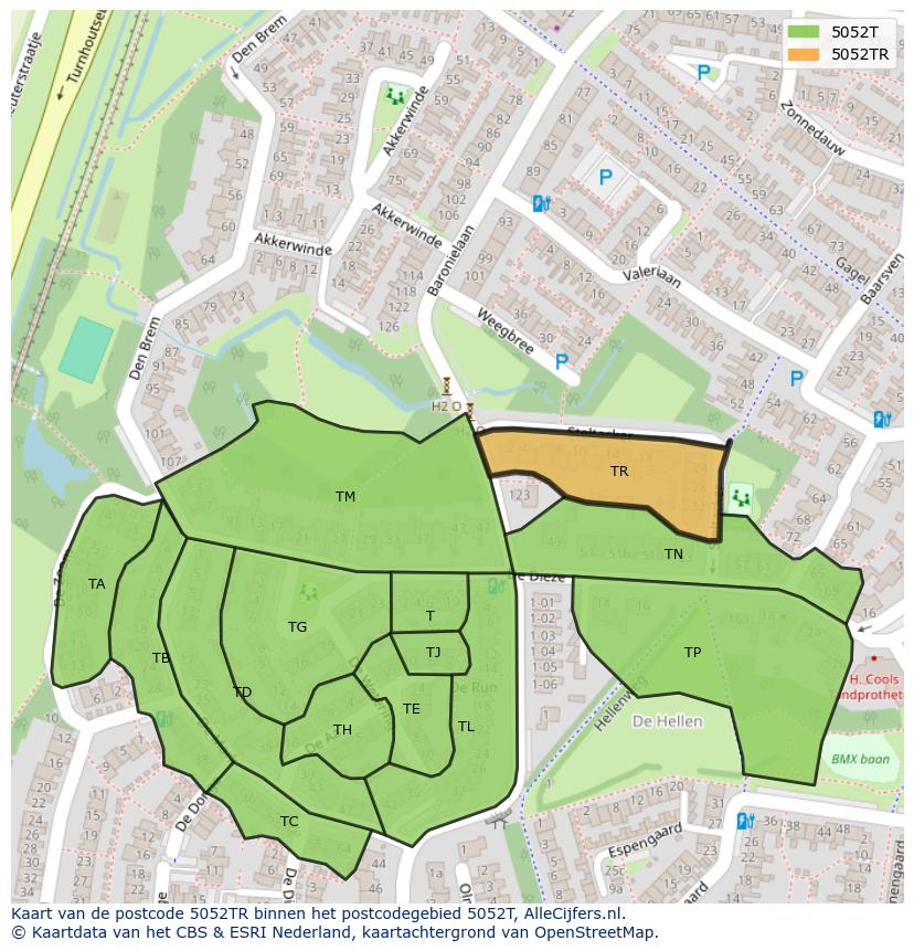 Afbeelding van het postcodegebied 5052 TR op de kaart.