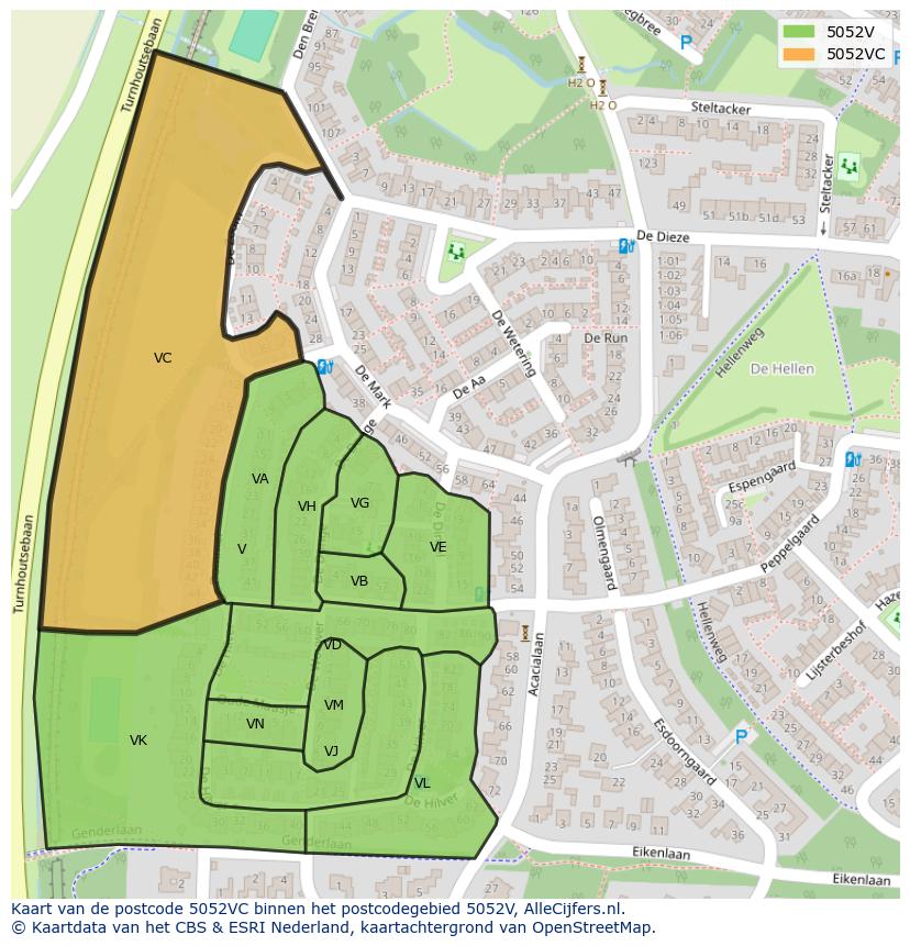 Afbeelding van het postcodegebied 5052 VC op de kaart.