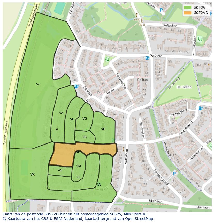 Afbeelding van het postcodegebied 5052 VD op de kaart.